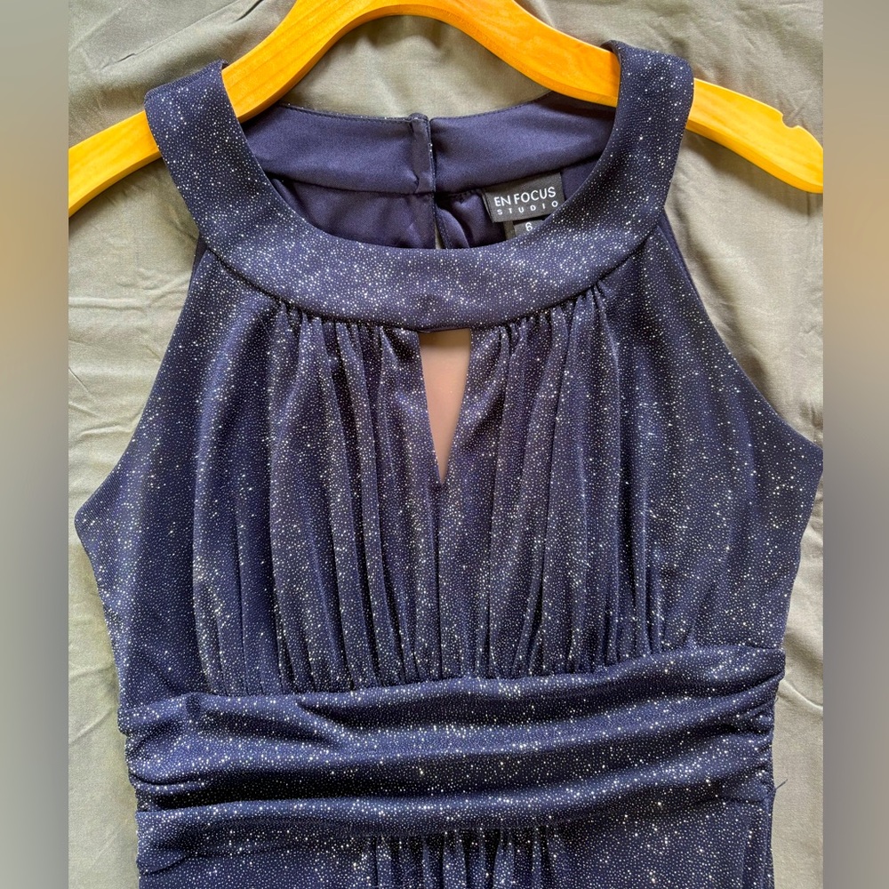 Floor-length gown, navy, empire waist, sparkles galore, size 6